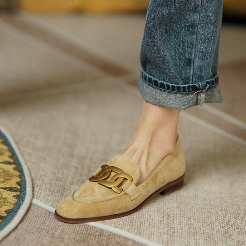 Casual Sandal Leather - หนังนิ่มหนังผู้หญิง Loafers ฤดูใบไม้ผลิ/ฤดูใบไม้ร่วงรองเท้าส้นสูงผู้หญิงรองเท้ารอบ Toe Chunky ส้นปั๊มโลหะหัวเข็มขัดรองเท้าสำหรับสตรี