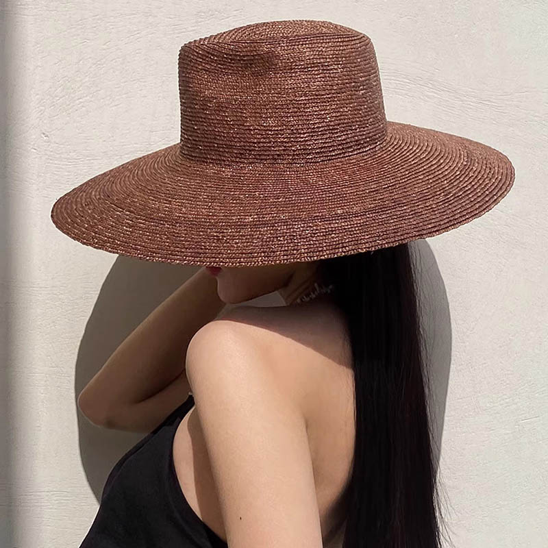 Bucket Hat Straw - หมวกฟางทรงปานามาปีกกว้างหมวกชายหาดทรงสูงสำหรับผู้หญิงหมวกกันแดดสีดำสำหรับผู้หญิงหมวกสำหรับเดินทางในฤดูร้อนหมวกลายการ์ตูนกันแดด