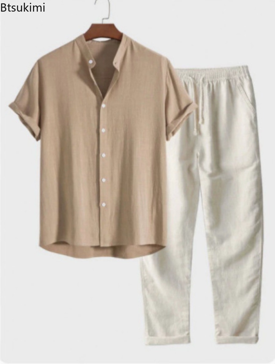 Short Linen Drawstring - ชุดเซ็ตชายหาดสองชิ้นแฟชั่นผู้ชายปี 2026 ผ้าเนื้อบางเบา ระบายอากาศได้ดี เสื้อคอตั้งและกางเกงขายาว ชุดลำลองสไตล์สปอร์ต