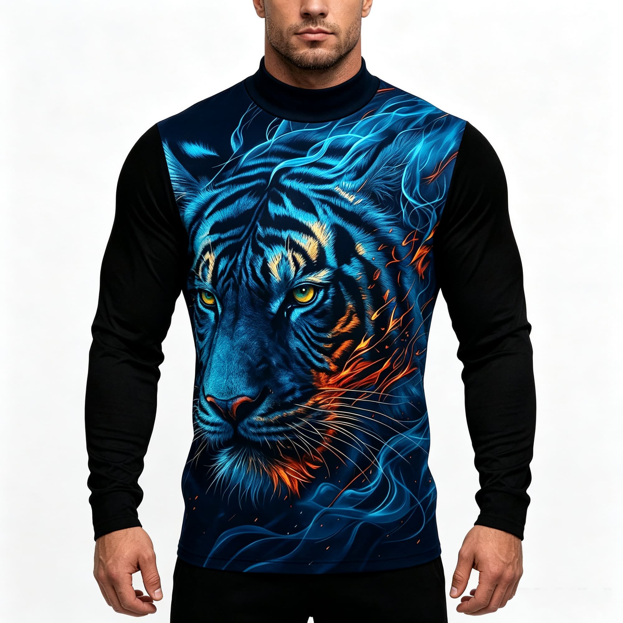 Tee Graphic Print - เสื้อยืดแขนยาวคอเต่าลายเสือพิมพ์ลาย 3D สีนีออนบลูเฟลม พร้อมแขนเสื้อสีตัดกัน