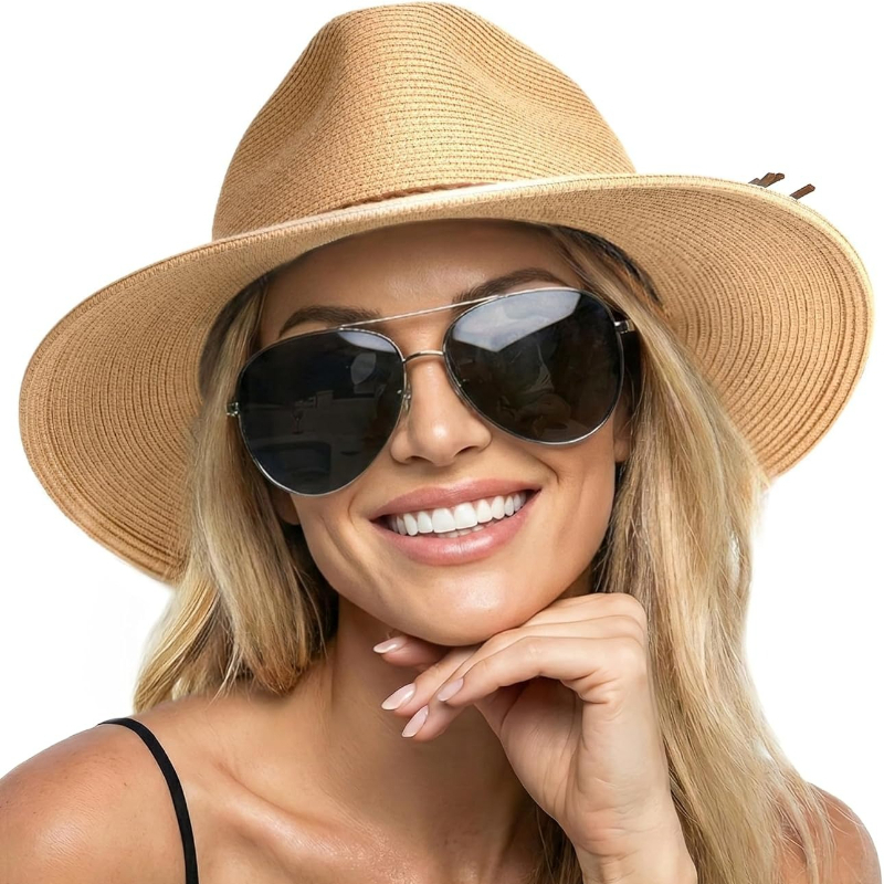 Bucket Hat Straw - หมวกสานปีกกว้างสำหรับฤดูร้อน 1 ชิ้น สำหรับผู้หญิง ป้องกันแสงแดด UPF