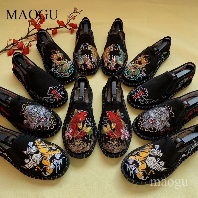 Espadrille Slip On - รองเท้าสวมแบบยูนิเซ็กส์สไตล์จีน ลายปักมังกรและเสือ พื้นรองเท้าเย็บติด รองเท้าลำลองแบบดั้งเดิมสำหรับผู้ชายและผู้หญิง