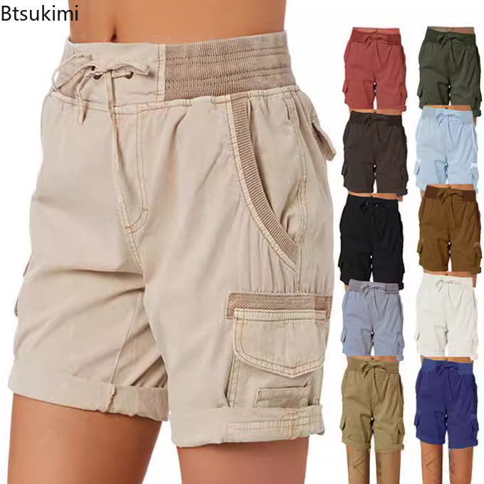 Short Linen Drawstring - กางเกงขาสั้นคาร์โก้ผู้หญิง ปี 2026 เอวยางยืด ผ้าฝ้ายลินิน มีกระเป๋า