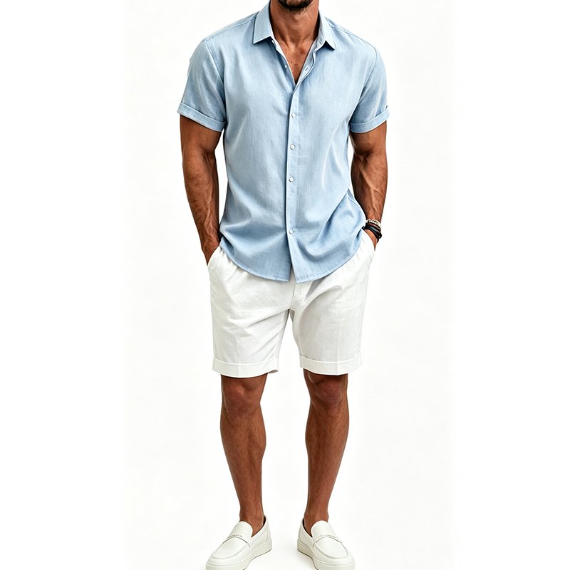 Short Linen Drawstring - ชุดเสื้อเชิ้ตผ้าฝ้ายลินินสำหรับผู้ชาย ชุดฤดูร้อนเสื้อแขนสั้นและกางเกงขาสั้น ชุดลำลองสีพื้นสำหรับชายหาด ชุดลำลอง 2 ชิ้นสำหรับผู้ชาย