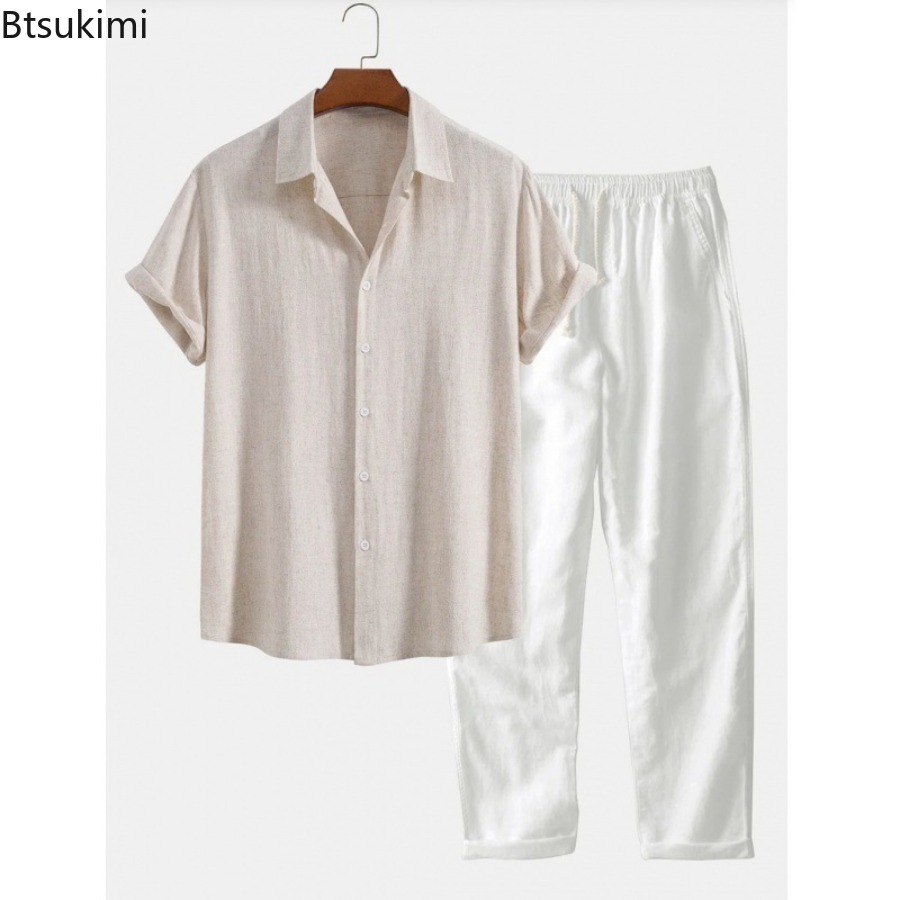 ชุดเซ็ตชายหาดสองชิ้นแฟชั่นผู้ช - Short Linen Drawstring บทวิจารณ์และราคา