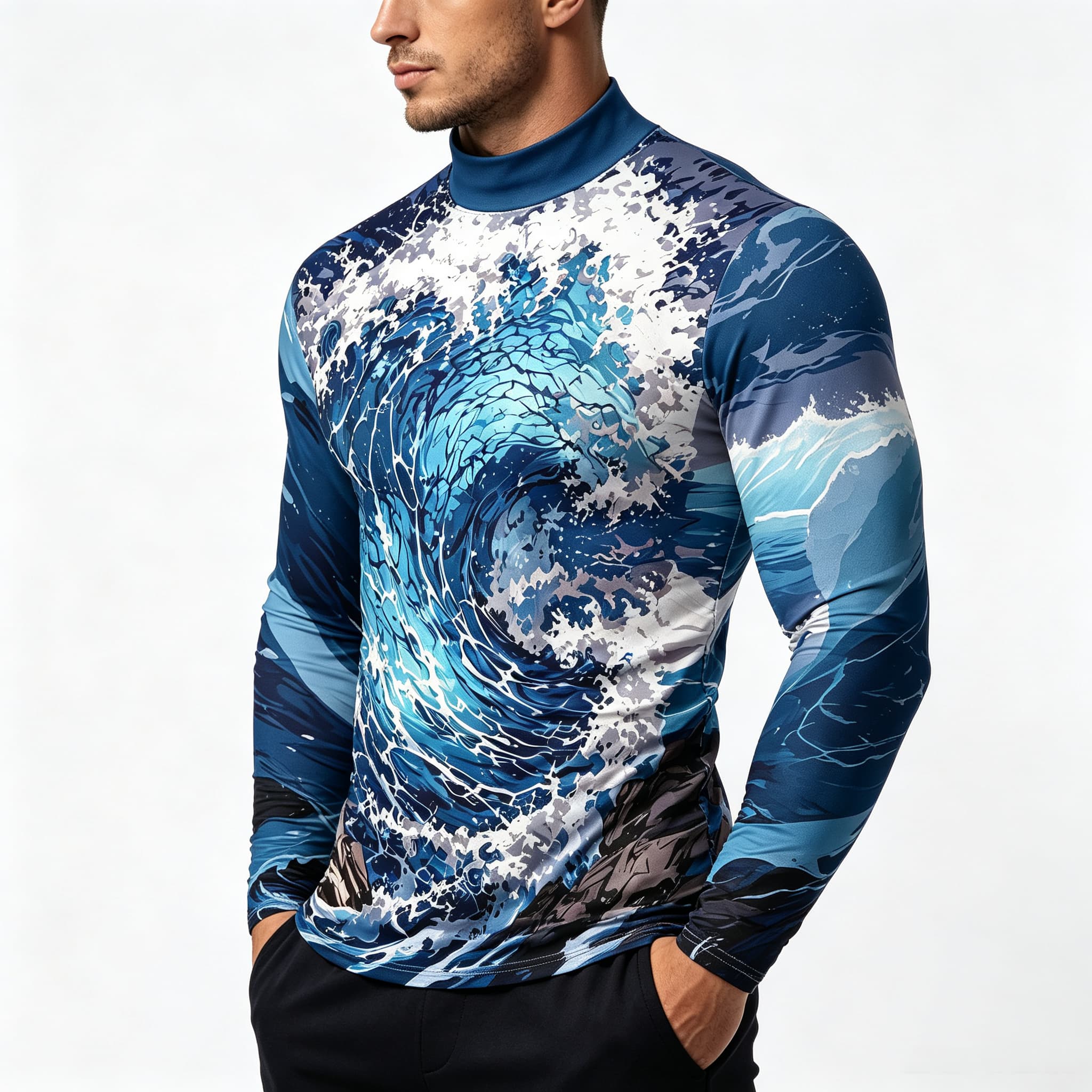 เสื้อยืดแขนยาวคอเต่าลายคลื่นทะ - Tee Graphic Print บทวิจารณ์และราคา