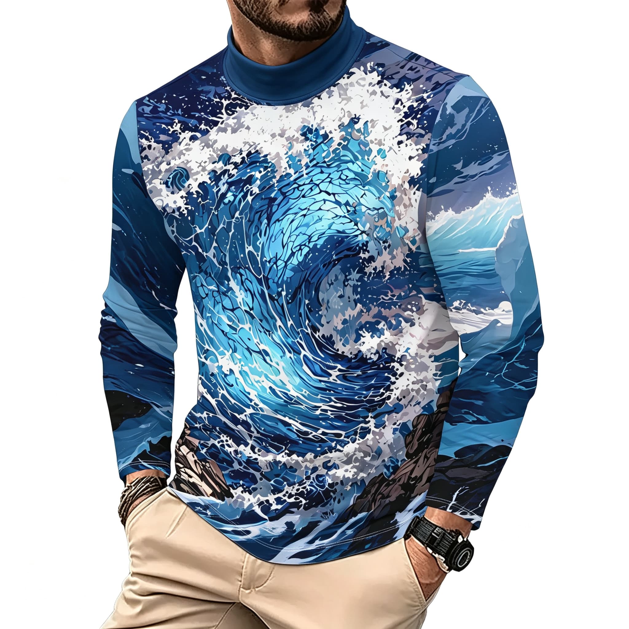 เสื้อยืดแขนยาวคอเต่าลายคลื่นทะ - Tee Graphic Print บทวิจารณ์และราคา