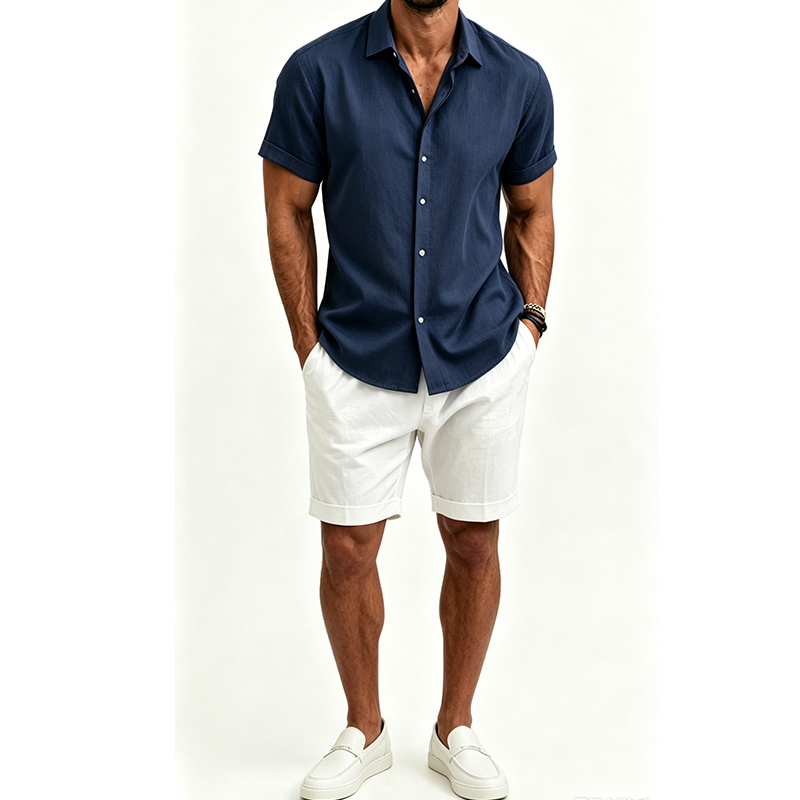 ชุดเสื้อเชิ้ตผ้าฝ้ายลินินสำหรั - Short Linen Drawstring บทวิจารณ์และราคา